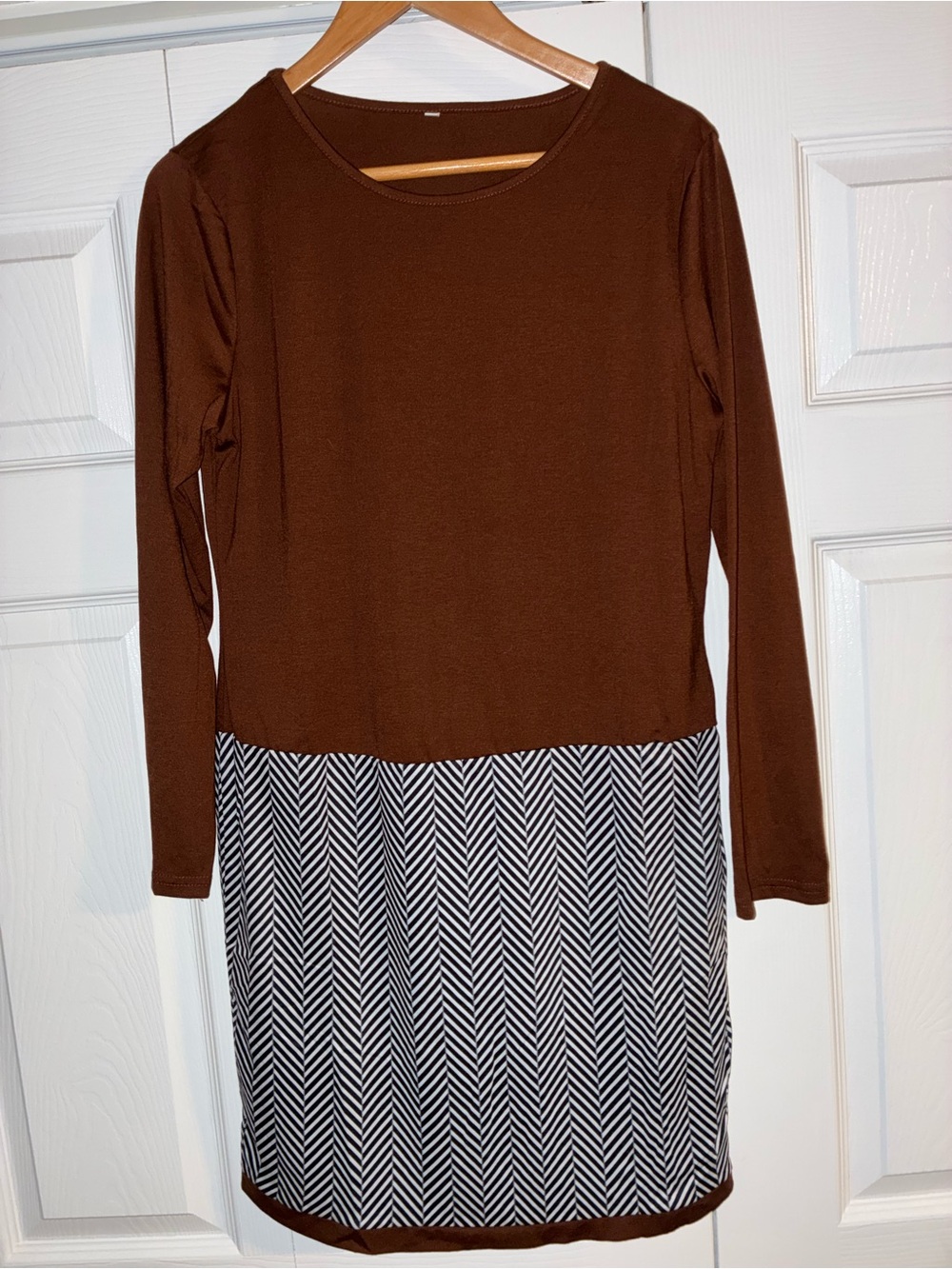 Brown Long Sleeve Two-Tone Knit Dress with Chevron Skirt